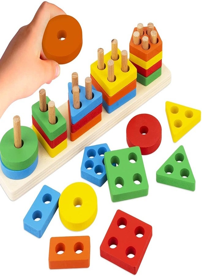 Crazy Buy Wooden Color Recognition & Shape Sorter, Colorful Geometric Board Sorting & Stack Chunky Puzzle Toys for Kids (Multicolor) - Image 1